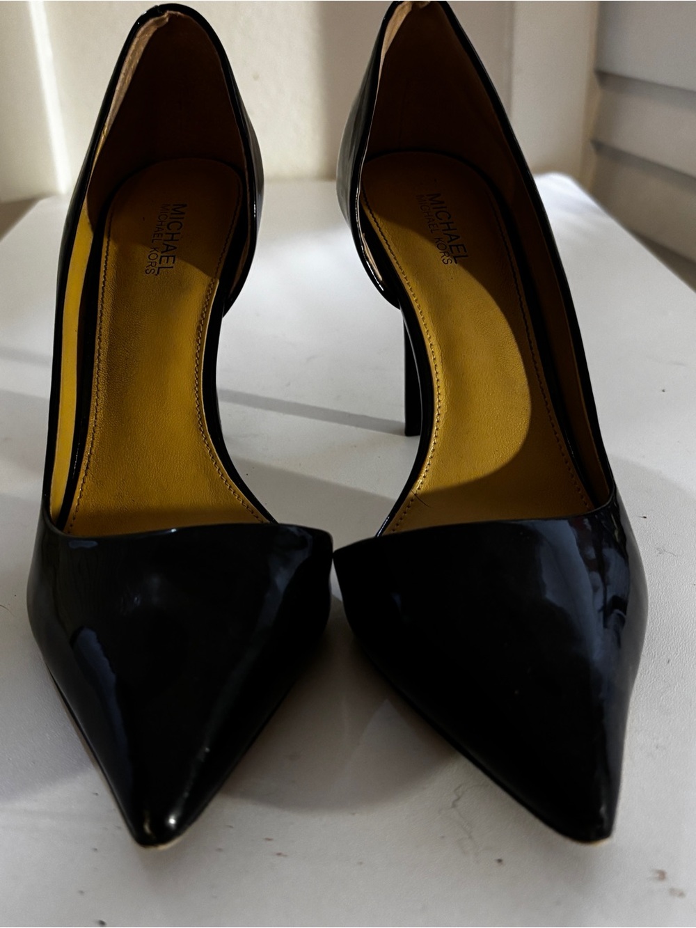 MICHAEL Michael Kors Black Patent Pointed Toe Pumps with Yellow Insole